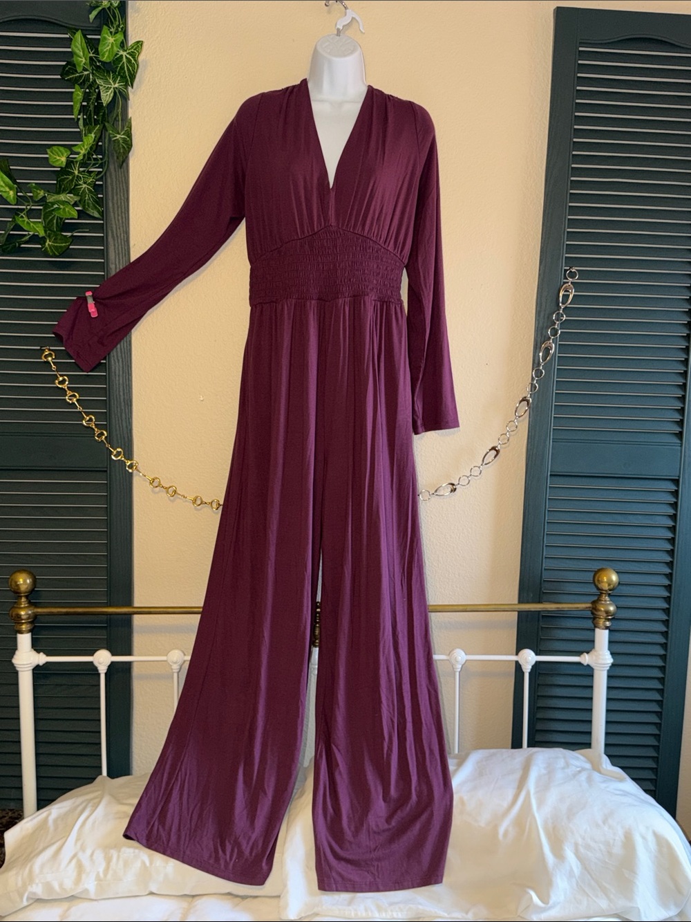 Women's V-Neck Wide-Leg Jumpsuit Tall Long 10 12 L Purple Burgundy Old Navy